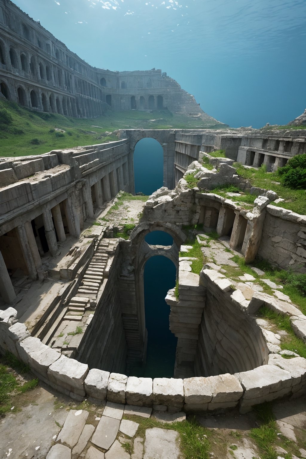 ancient ruins underwater, (in the distance, from afar), abyss,  highly detailed, photo realistic, realism, raw photo,