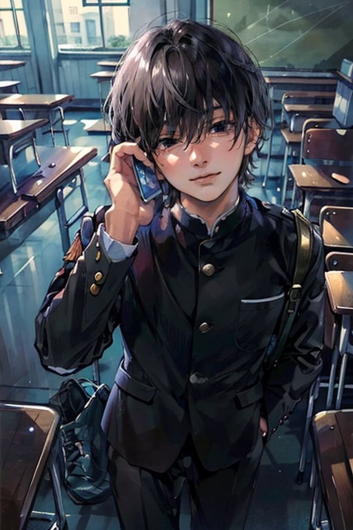 (masterpiece,  best quality:1.4), an painting of Yoshida Hirofumi, holding mobile phone, male, indoor, best hands, perfect hands, tie, uniform, classroom, daylight,High detailed,BOTTOM VIEW,perfect