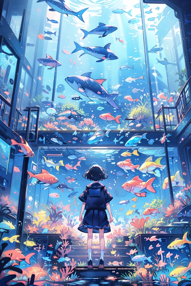 1girl, fish, stairs, scenery, solo, skirt, railing, black hair, standing in a room watching outside is a underworld, like aquarium, school uniform, short hair, underwater, serafuku, wide shot, jellyfish, shoes, pleated skirt, bubble, from behind, coral, facing away, shirt, socks, underworld,watercolor,shaonv,kawaiitech