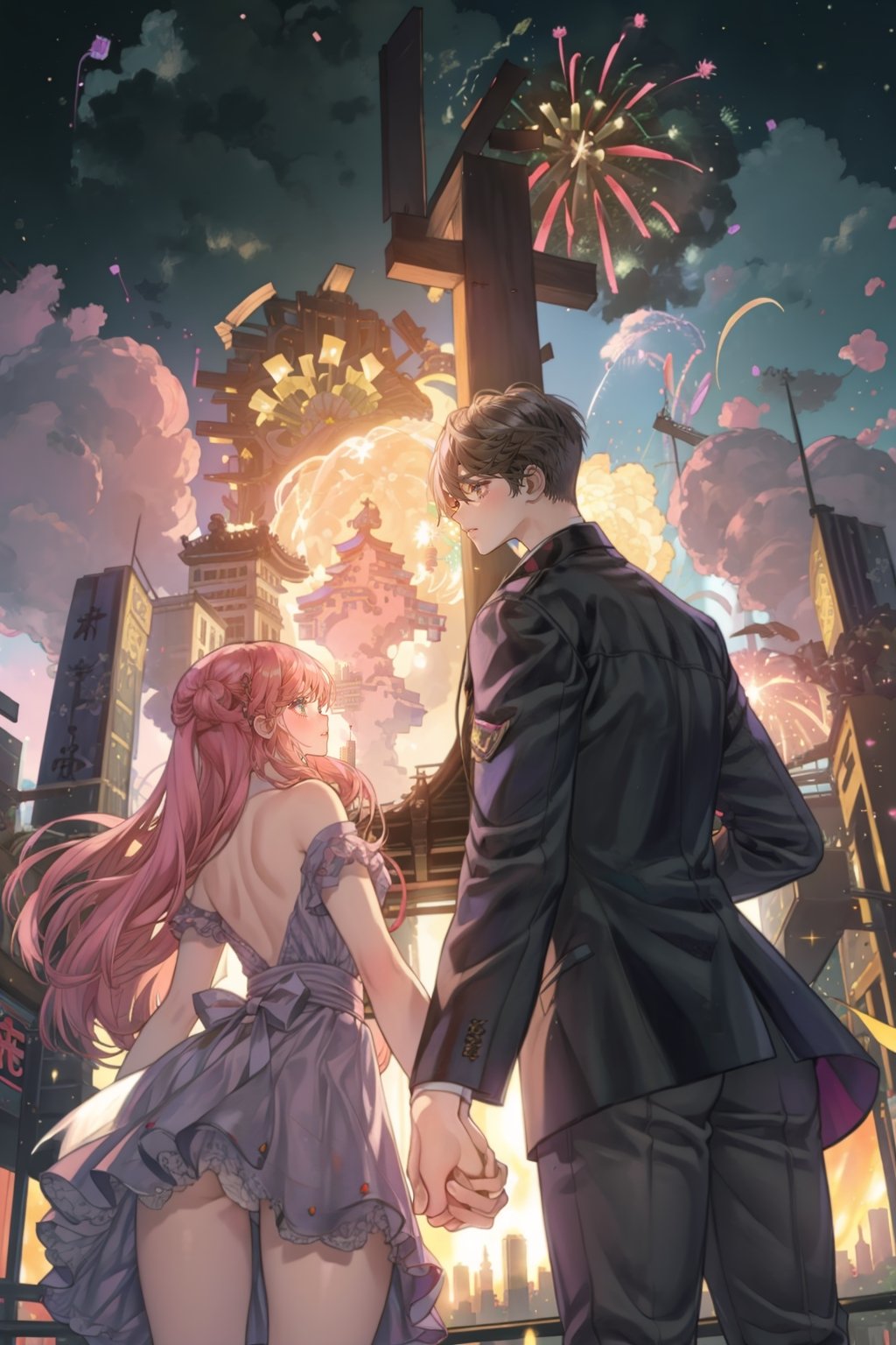 1boy and 1girl, back view, holding hands, ((many fireworks explode over a city skyline)), best quality, masterpiece,((BOTTOM VIEW)), cyber_asia, dark night, best hands, perfect hands