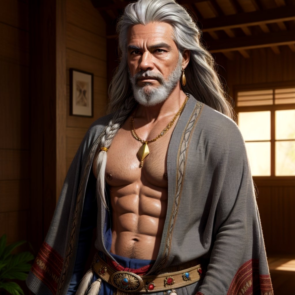 masterpiece, best quality, 1male. 50 years old, long grey hair and beard, Taino, wearing native american clothes and jewelry, extremely detailed CG unity 8K wallpaper