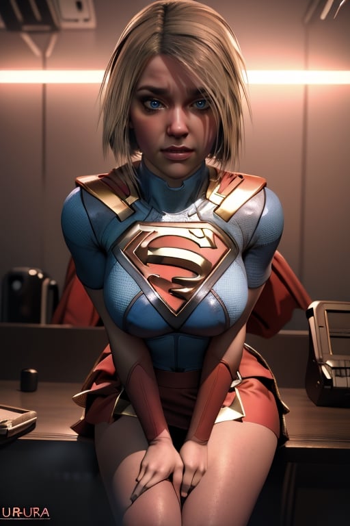 1 beautiful 30 year old woman, (red skirt), The camera is positioned very close to her revealing her entire body as she adopts a sexy_pose, perfect face, masterpiece, perfect composition, ultra-detail,kara,Supergirl