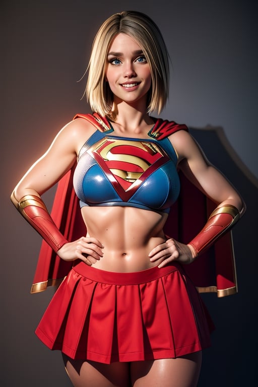 1 beautiful 30 year old woman, (red skirt), The camera is positioned very close to her revealing her entire body as she adopts a sexy_pose, perfect face, masterpiece, smilling, perfect composition, ultra-detail,kara,Supergirl