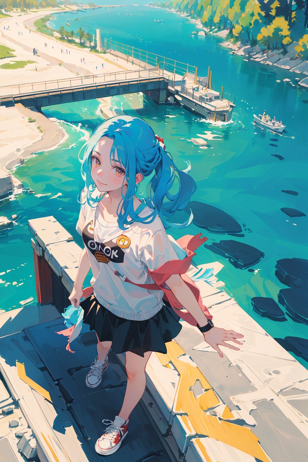 nefertari vivi,8k, ((best quality)), ((masterpiece)), high_res, realistic, (from above: 1.2), (full shot: 1.4), cowboy shot
1 girl, solo, mature, on the bridge, blue hair, black sport shirt, white shorties, sneakers, 
background, (river, night city),yofukashi background