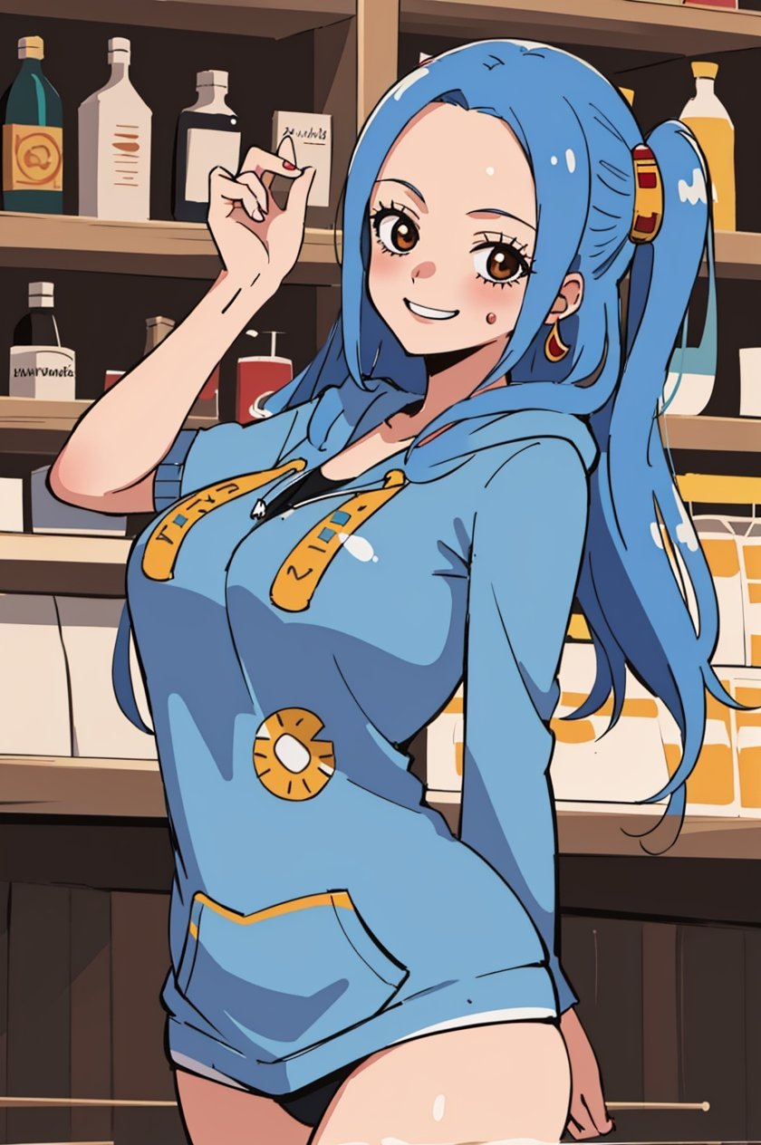 Nefertari Vivi from One piece,1girl,blue hair,beautiful,perfect body, perfect face, total body, perfect anatomy,masterpiece, animegirl , sharp focus,
bar background, blushing,(Red cheeks), smile ((big hoodie))