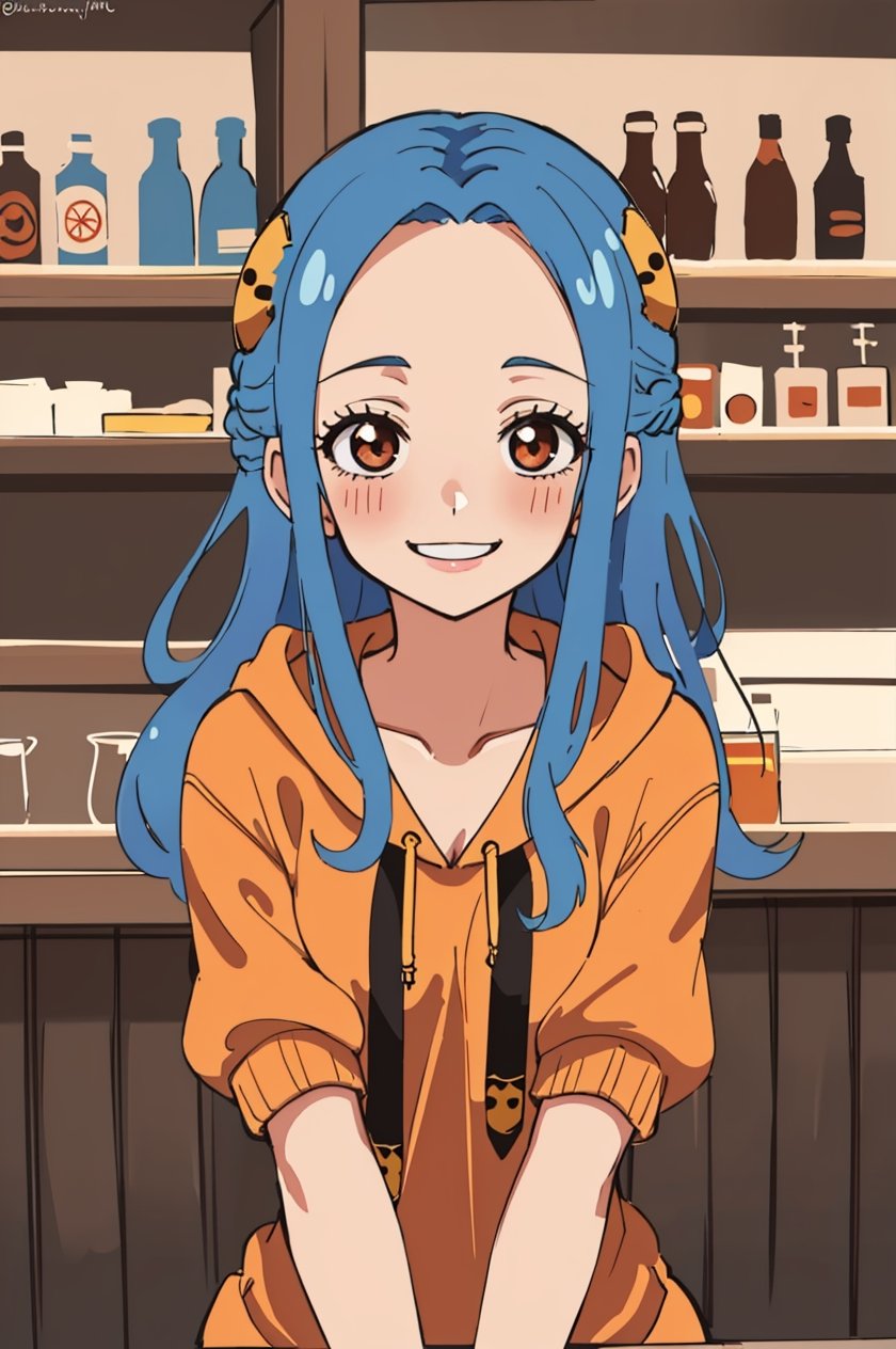 Nefertari Vivi from One piece,1girl,blue hair,beautiful,perfect body, perfect face, total body, perfect anatomy,masterpiece, animegirl , sharp focus,
bar background, blushing,(Red cheeks), smile ((big hoodie))