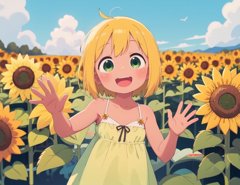 ultradetailed eyes, ultradetailed face, high quality, highres, masterpiece, sunflower, sunflower field, 1girl, cute face, happy face, summer dress, green dress, flat chest, green eyes, blush, blonde hair, dark skin, standing, waving