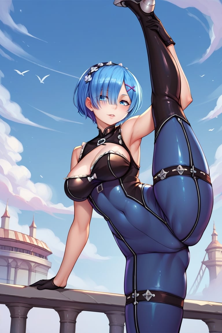 score_9, score_8_up,score_7_up, score_6_up, score_5_up, score_4_up, ,score_9_up,

1girl, rem_rezero, blue hair, blue eyes, (leather_bodysuit:1.4), black gloves, large_breasts, standing split

,detailed_background, futuristic setting, city,ratatatat74 artstyle