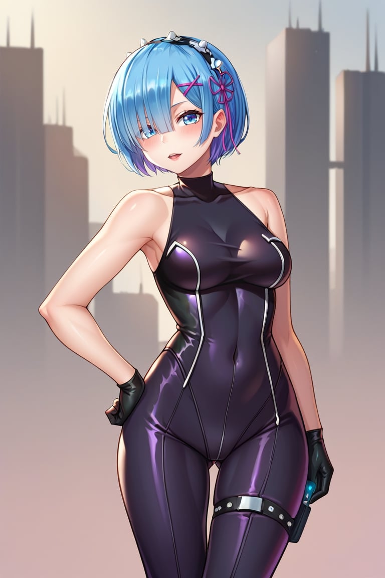 score_9, score_8_up,score_7_up, score_6_up, score_5_up, score_4_up, ,score_9_up,

1girl, rem_rezero, blue hair, blue eyes, (leather_bodysuit:1.4), black gloves

,detailed_background, futuristic setting, city,ratatatat74 artstyle