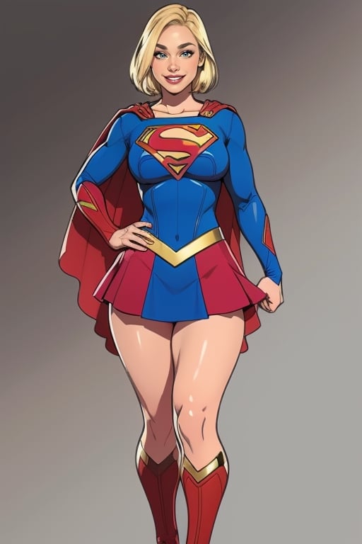 supergirl,kara,agawa,vibrant colors,warm palette,expressive,solid shading, kind look, sexy, blond_hair, whole body, smilling, looking_at_viewer, fully_clothed, fully_dressed, short hair