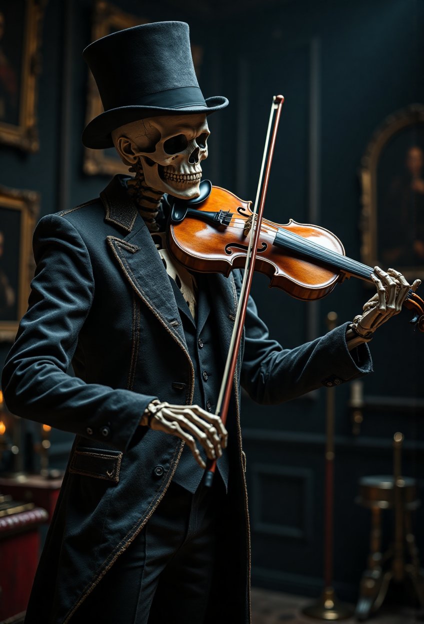 In a dark opera night,  a tall skeleton,  wearing a full covered blazer suite and top hat by Yokoygen on Tensor.Art