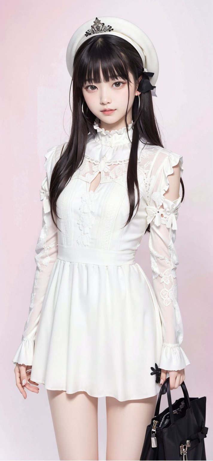 background is runway, pink color background,
18 yo, 1 girl, beautiful korean girl,wearing tight white dress(long sleeves),long white lady hat,holding shopping bag,happy smile, solo, {beautiful and detailed eyes}, dark eyes, calm expression, delicate facial features, ((model pose)), Glamor body type, (dark hair:1.2), simple tiny earrings, simple tiny necklace,bangs, flim grain, realhands, masterpiece, Best Quality, 16k, photorealistic, ultra-detailed, finely detailed, high resolution, perfect dynamic composition, beautiful detailed eyes, eye smile, ((nervous and embarrassed)), sharp-focus, full_body, cowboy_shot,