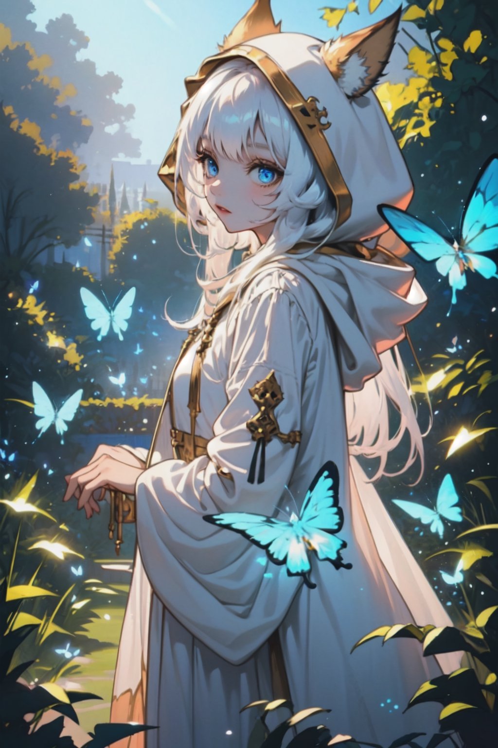 masterpiece, best quality, extremely detailed, 1girl, hood, erune, blue eyes, long hair, solo, garden, glowy, bight, giga lighting, cloak, hooded cloak, looking at viewer, dress, white hair, blue butterflies, from front, 