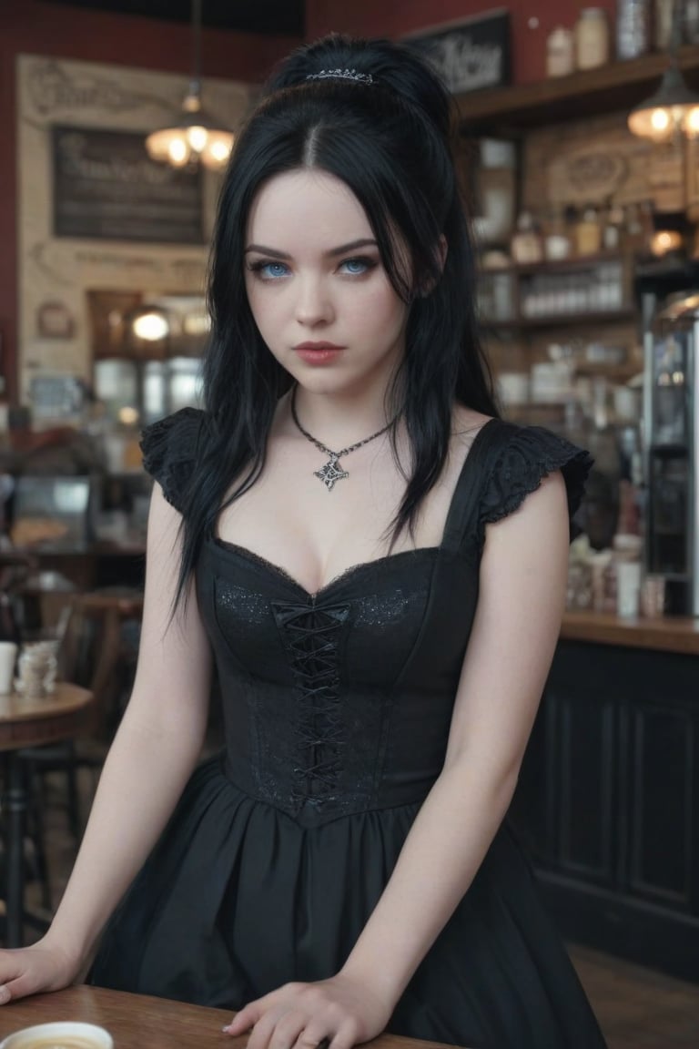 A young woman, 18 years old, Emy Lee (lead singer of Evanescence) black hair, blue eyes, sarcastic look expression, white skin, is wearing gothic style dress, she is in an American coffee shop, (Better quality) (realistic) (detailed) (cinematic) (full body shot) 8k, 1080p