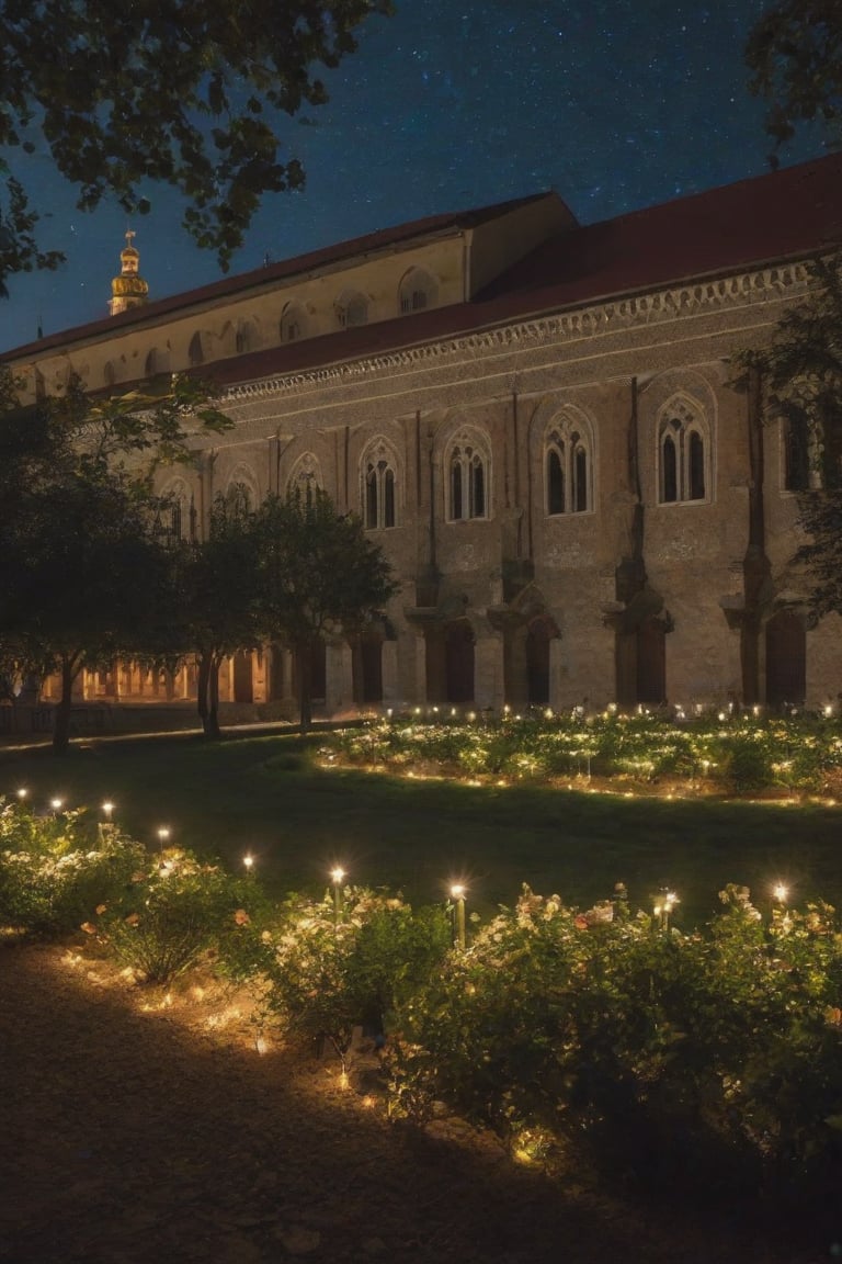 In a plain city, a place of peace and harmony we find a monastery with a beautiful garden, lamps illuminate the facade of the monastery (close viewing angle of the monastery), during the night the place is illuminated, some friars are entering the monastery, trees around it, the stars illuminate the sky, (Better quality) (detailed) (cinematic) HDR, 8k,