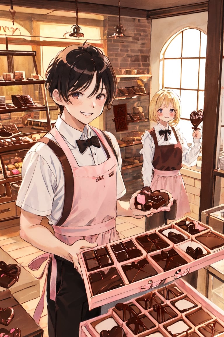 ((1girl, smile, blonde hair)), wear pink patent leather maid, pink dress,white thighhighs,white apron,cross-laced clothes. ((1 male, black short hair)), wear brown apron, trousers, shop uniform, ((this man and girl are selling chocolate box set in an indoor chocolate shop together)),  masterpiece, best quality, looking at viewer, vintage fantasy, watercolor, warm pastel colour tone, colourpencil style, close up, valentine's_day, window (computing) 