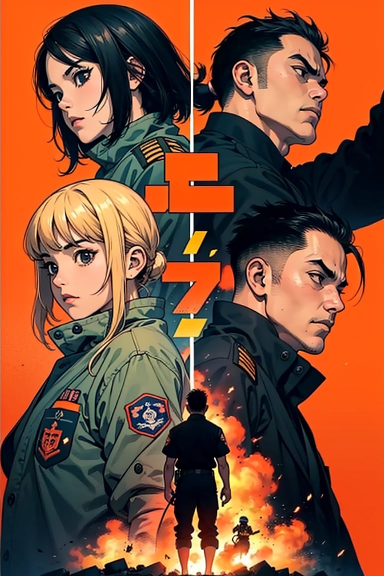 Little boys and girls praying for peace and safe,  japan firefighters and self-defence force working hard, cinematic poster style, orange and blue contrast background, boichi manga style