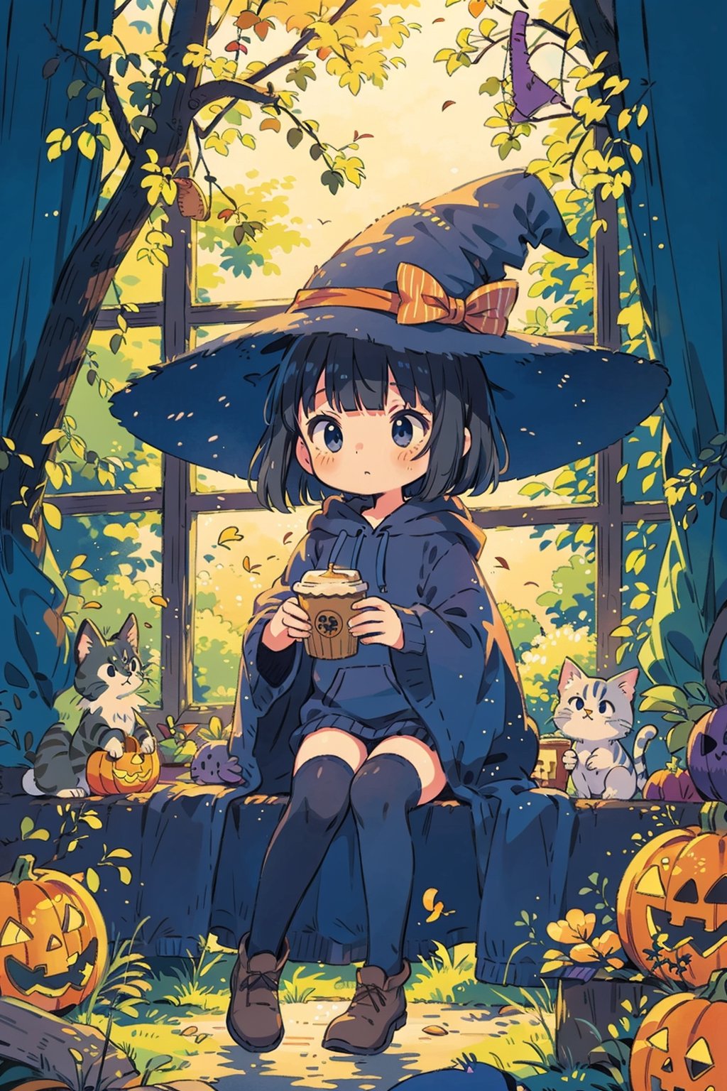 masterpiece, best quality, nice hands, perfect hands, 1 girl, pale, white skin, bluish_black_hair, bob_cut, straight hair, blunt bangs, dark_blue_eyes, black eyes, flat_chested, halloween striped thighhighs, witch hat, hoodie, shy, blush, animal, cat, cozy, fall, autumn, coffee, falling leaves, pumpkins, blanket, clutter, window, ghibli studio style,ghibli style, cinematic light, cinematic view, High detailed,