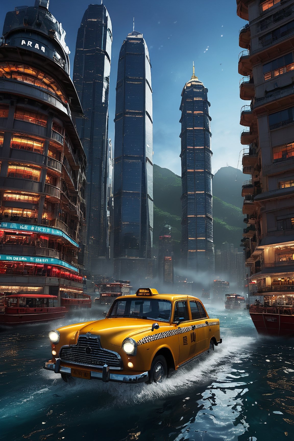 (((hyper realistic)))(((extreme realistic detail))) (detailed shadows) (masterpiece:1.2, highest quality), (realistic)
ray-tracing, high-resolution, Hong Kong city, Hong Kong cityscape, modern city, high buildings, ((red colour amphibious Hong Kong Taxi on water surface with great water splashing)), crossing Victoria Harbour  (the sky is full of huge planet, night, galaxy), cinematic view, cinematic angle, cinematic light.
,dr24karnak,Dwarven City