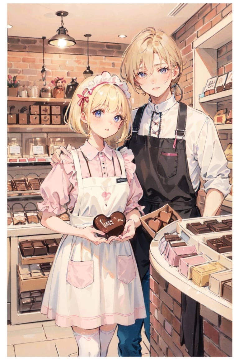 ((1girl, blonde hair)), wear pink patent leather maid, pink dress,white thighhighs,white apron,cross-laced clothes. ((1 male, black short hair)), wear brown apron, shop uniform, ((this man and girl are selling chocolate box set in an indoor chocolate shop together)),  masterpiece, best quality, looking at viewer, vintage fantasy, watercolor, warm pastel colour tone, colourpencil style, close up, valentine's_day 