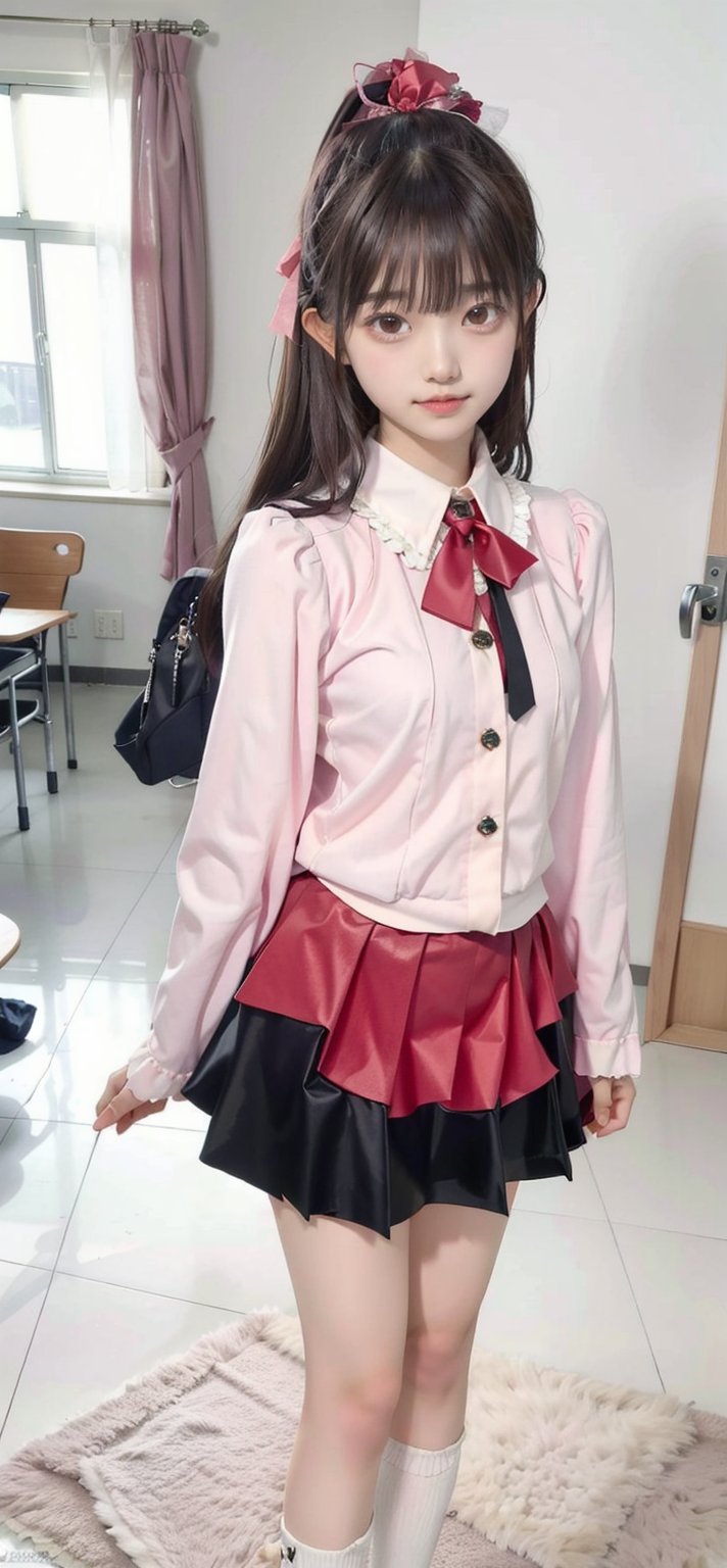 (masterpiece, 4k), 2d, anime, 1girl, monika, school uniform, dark red pleated skirt, red eyes, brown hair, very long hair, hair ribbon, pink ribbon, mature female, beautiful, detailed, smile, slim, solo, standing, indoors, front view, sfw,girl ,Yewon,SUZUKA NAKAMOTO