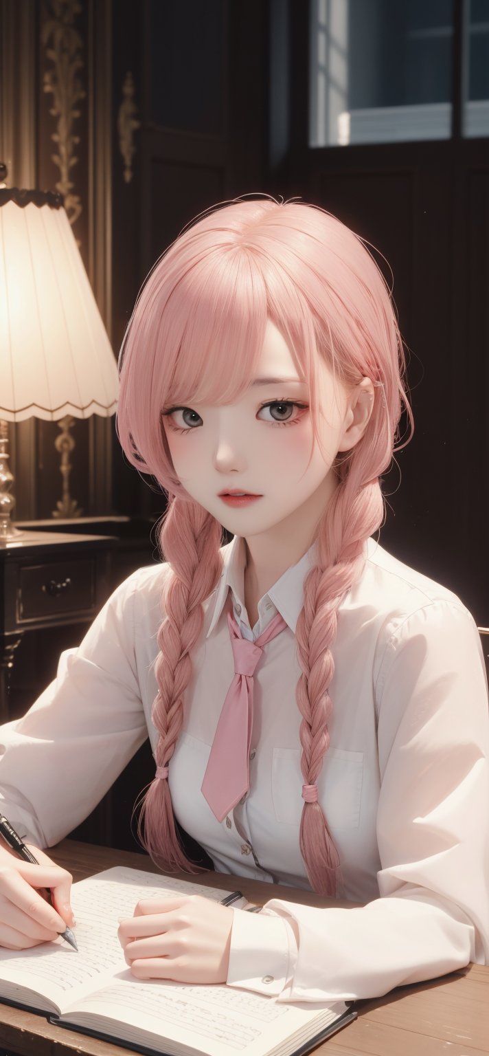 Best quality, masterpiece,  solo, perfect face, perfect eyes, pink hair, long braids, shirt, tie, lamp, table, pen, notebook, writing in notebook, looking at viewer