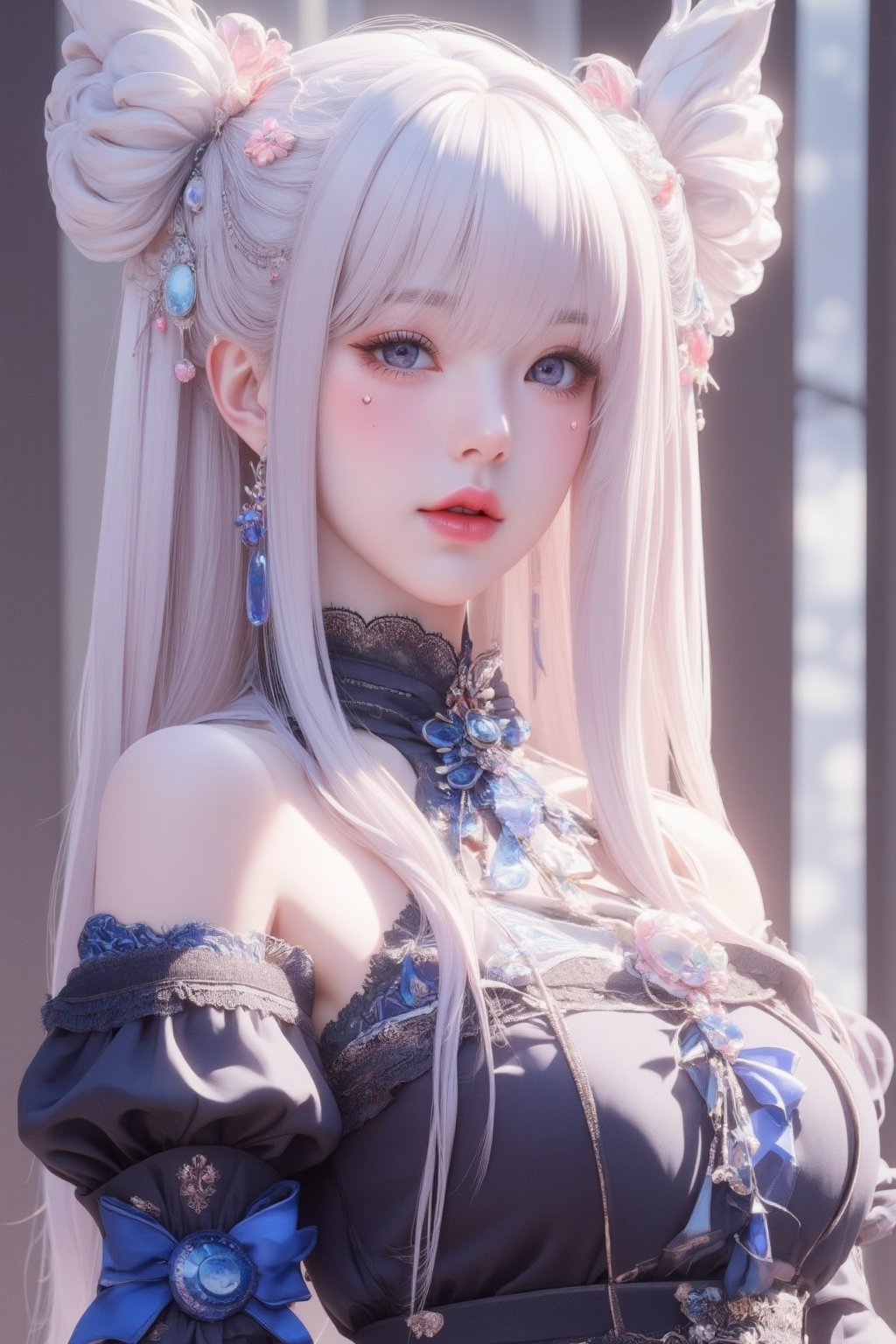 busty and sexy girl, 8k, masterpiece, ultra-realistic, best quality, high resolution, high definition, 1girl, solo, long hair, looking at viewer, blush, bangs, blue eyes, dress, bow, ribbon, jewelry, closed mouth, hair ribbon, upper body, white hair, hair bow, earrings, frills, black dress, parted bangs, eyelashes, blue bow, blue ribbon, pale skin, red lips