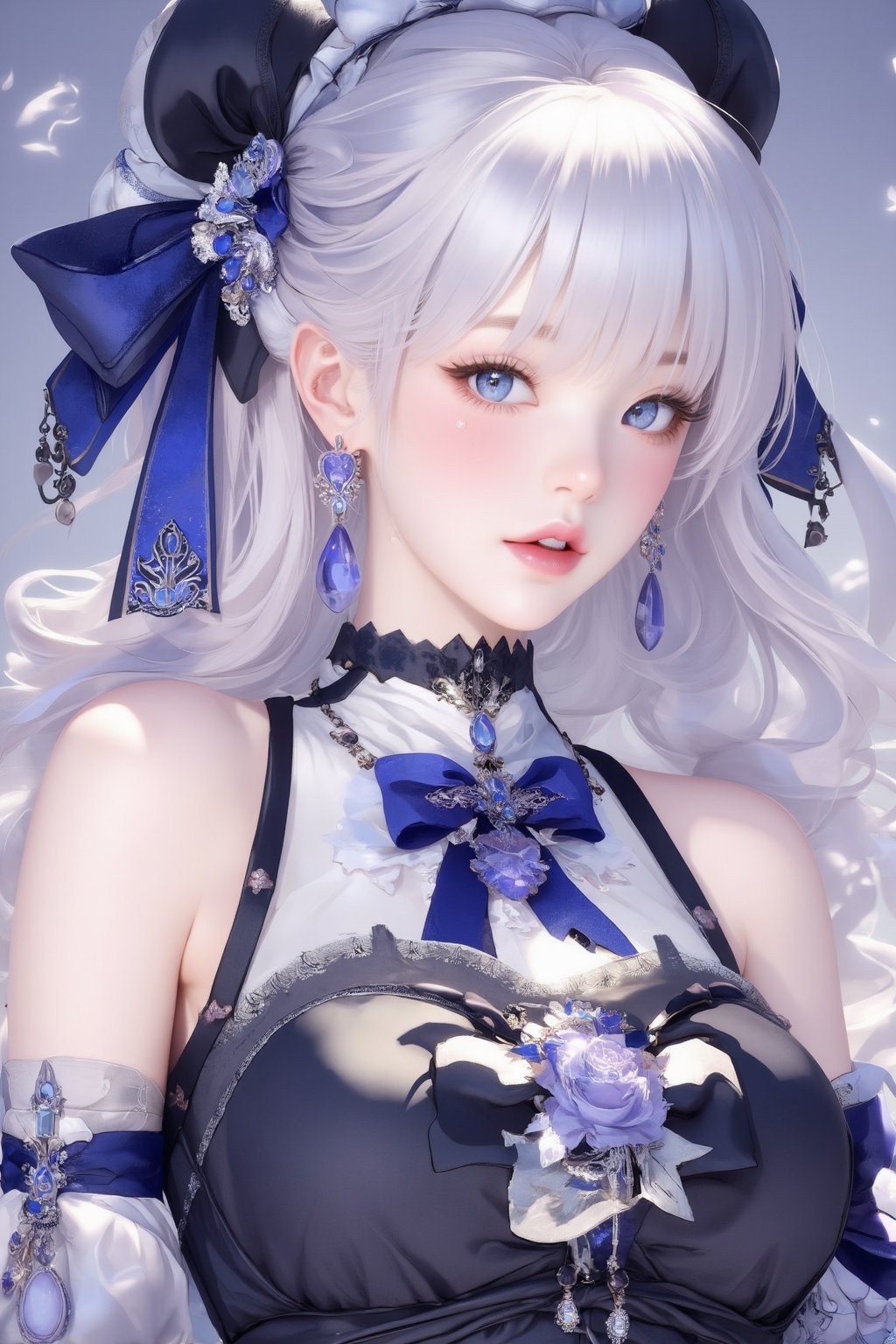 busty and sexy girl, 8k, masterpiece, ultra-realistic, best quality, high resolution, high definition, 1girl, solo, long hair, looking at viewer, blush, bangs, blue eyes, dress, bow, ribbon, jewelry, closed mouth, hair ribbon, upper body, white hair, hair bow, earrings, frills, black dress, parted bangs, eyelashes, blue bow, blue ribbon, pale skin, red lips