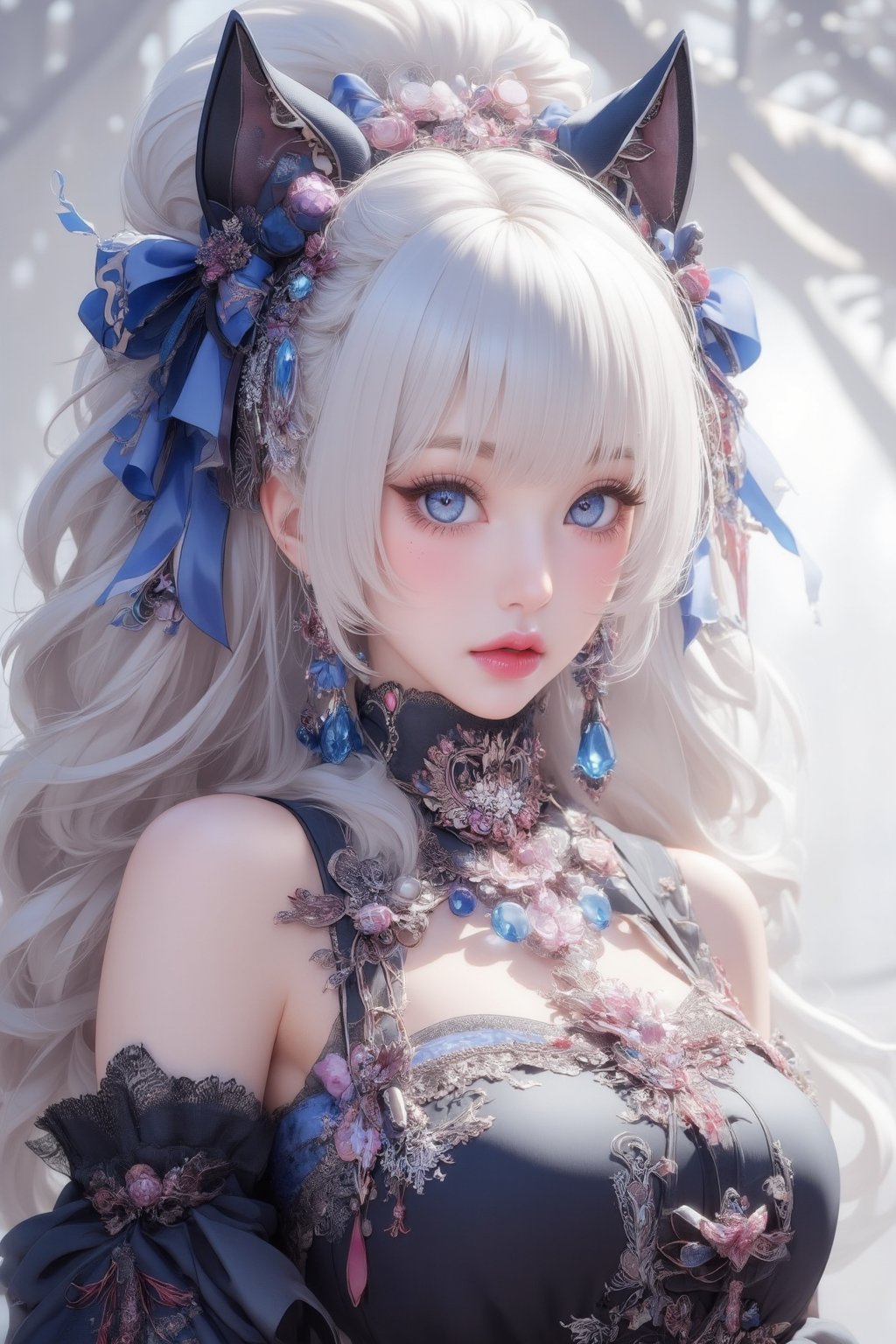 busty and sexy girl, 8k, masterpiece, ultra-realistic, best quality, high resolution, high definition, 1girl, solo, long hair, looking at viewer, blush, bangs, blue eyes, dress, bow, ribbon, jewelry, closed mouth, hair ribbon, upper body, white hair, hair bow, earrings, frills, black dress, parted bangs, eyelashes, blue bow, blue ribbon, pale skin, red lips