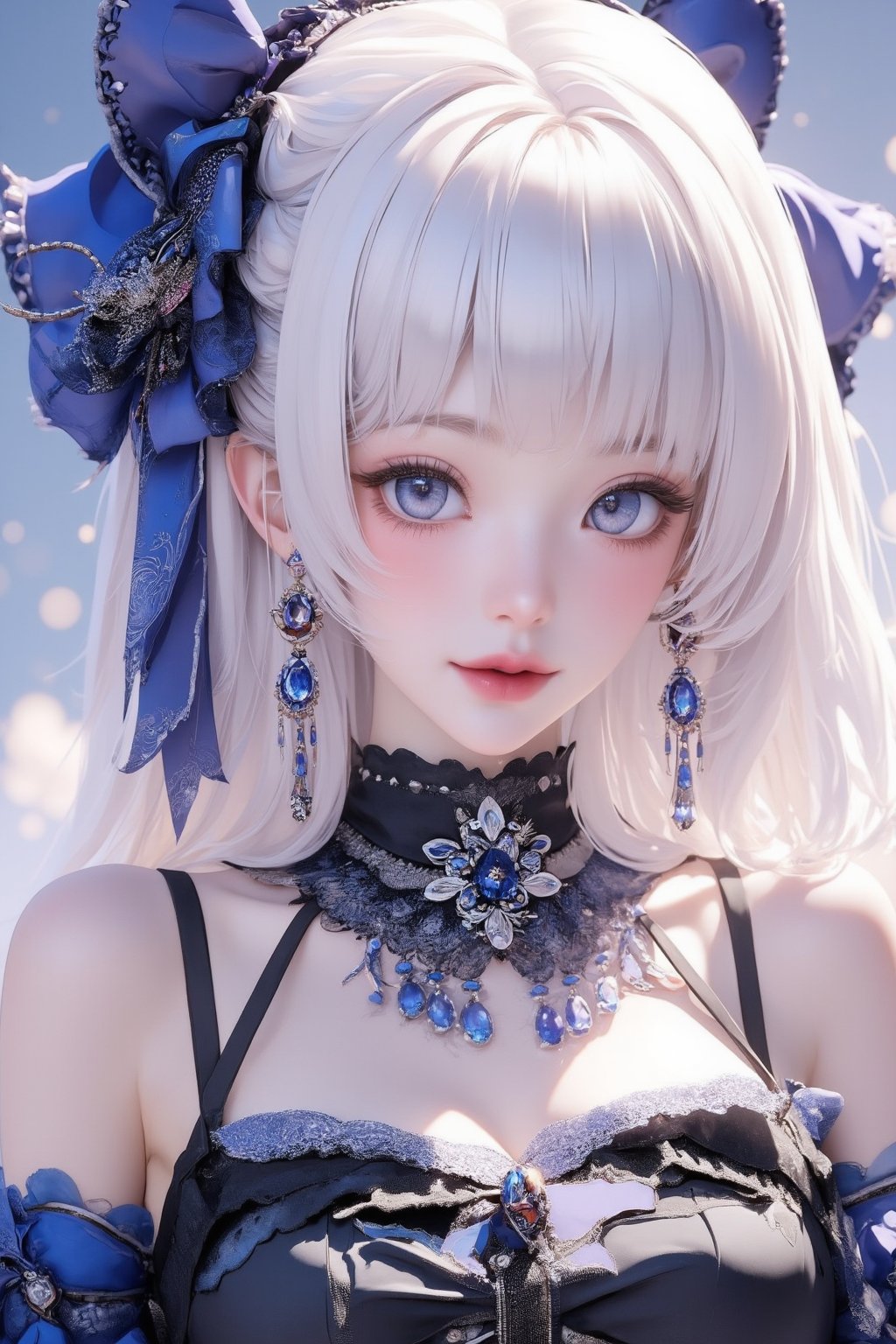 busty and sexy girl, 8k, masterpiece, ultra-realistic, best quality, high resolution, high definition, 1girl, solo, long hair, looking at viewer, blush, bangs, blue eyes, dress, bow, ribbon, jewelry, closed mouth, hair ribbon, upper body, white hair, hair bow, earrings, frills, black dress, parted bangs, eyelashes, blue bow, blue ribbon, pale skin, red lips