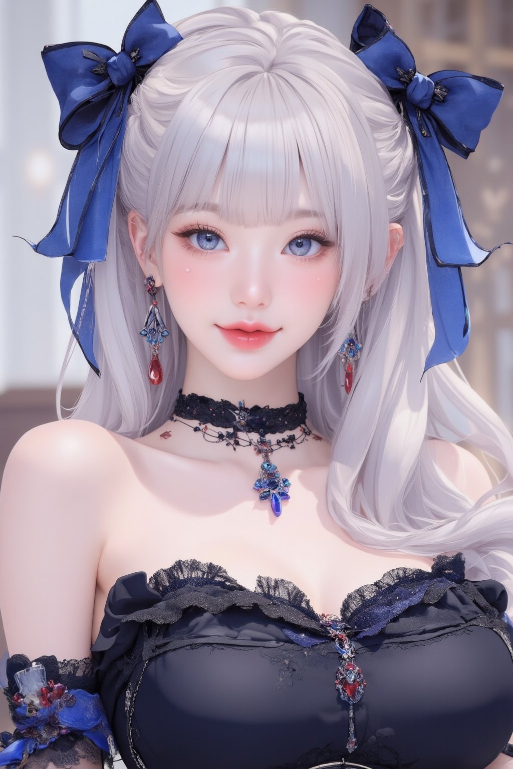 busty and sexy girl, 8k, masterpiece, ultra-realistic, best quality, high resolution, high definition, 1girl, solo, long hair, looking at viewer, blush, bangs, blue eyes, dress, bow, ribbon, jewelry, closed mouth, hair ribbon, upper body, white hair, hair bow, earrings, frills, black dress, parted bangs, eyelashes, blue bow, blue ribbon, pale skin, red lips