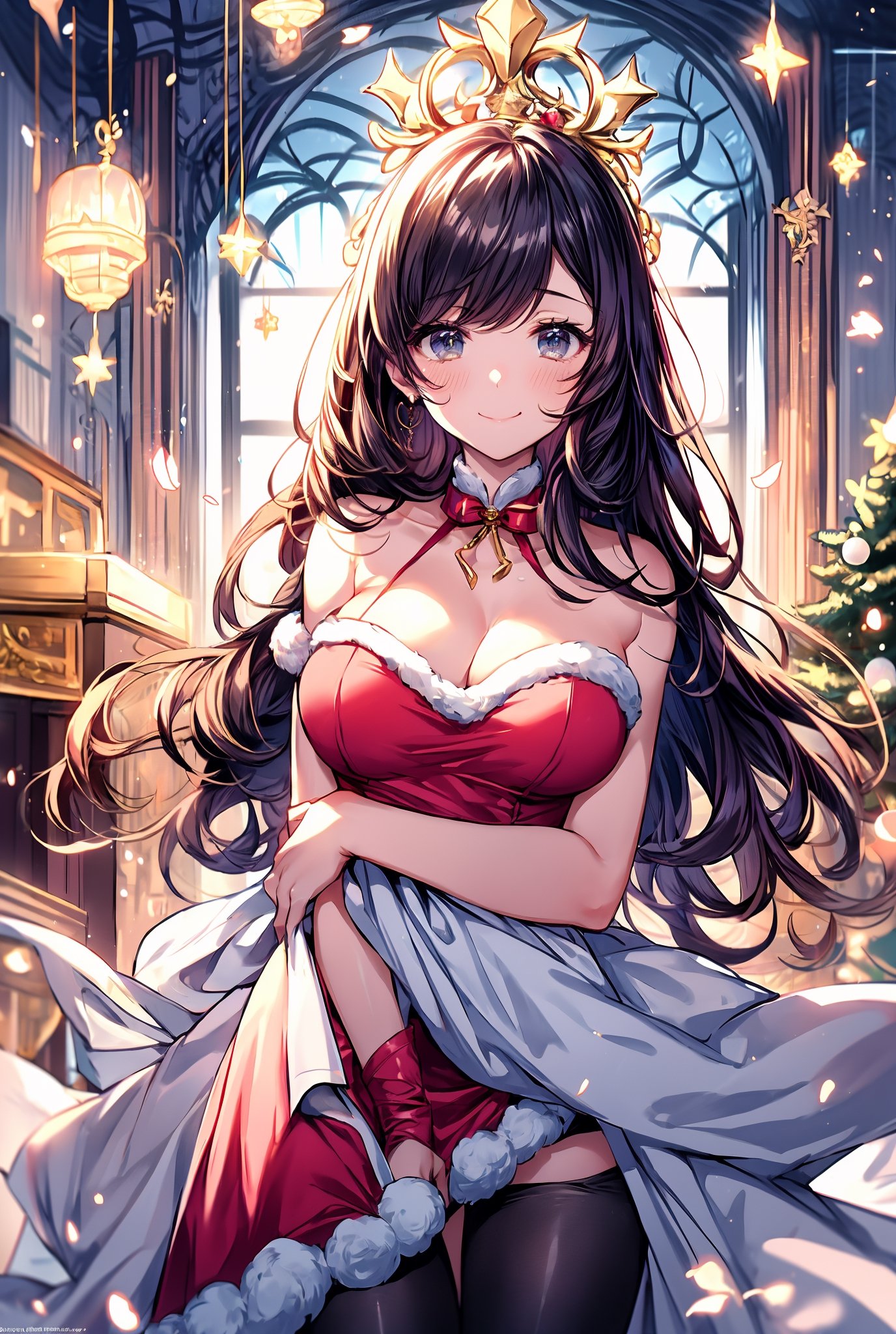 Portrait of beautiful girl,
(finely best quality illustration:1.2), (kawaii girl:1.0), (1girl, 1man:1.0),   (medium breasts:1.0), (smile:0.8), (ultra-detailed, highres:1.0),.masterpiece,best quality,incredibly  detail eyes,shore, 

high detail eyes, show full body, nice body
, age 18, medium breasts, seductive face ,High detailed ,Wenny, wavy hair, long hair, wearing idol costume,masterpiece,incredibly absurdres,high detail eyes,,  snow, indoors, more_than_one_pose, nice background, black hair, no sleeves, big smile,, short skirt,transparent blouse, santa costume,incoming hug,midjourney, black thigh high, bare_shoulders , christmas, christmas tree