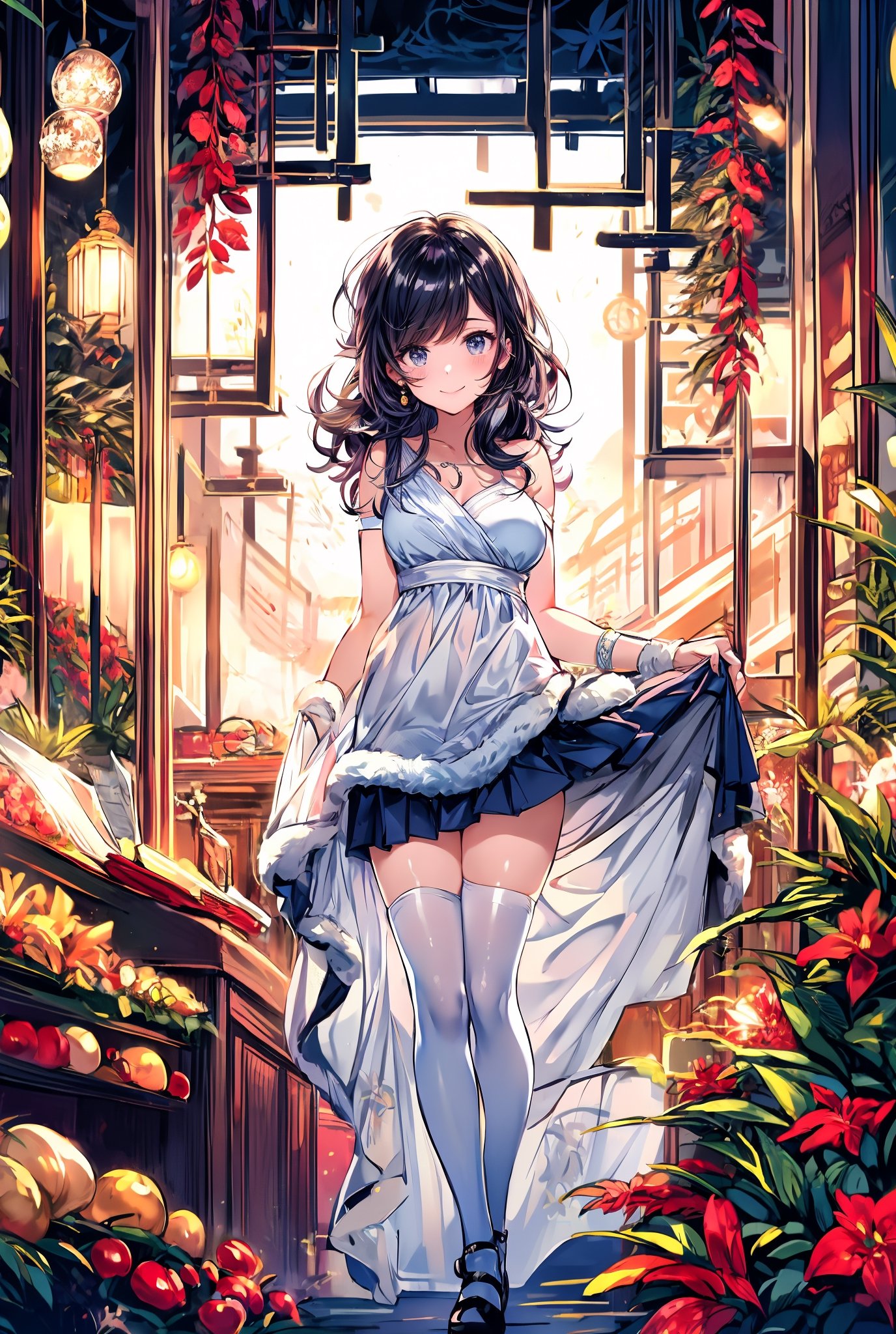 Portrait of beautiful girl,
(finely best quality illustration:1.2), (kawaii girl:1.0), (1girl, 1man:1.0),   (medium breasts:1.0), (smile:0.8), (ultra-detailed, highres:1.0),.masterpiece,best quality,incredibly  detail eyes,shore, 

high detail eyes, show full body, nice body
, age 18, medium breasts, seductive face ,High detailed ,Wenny, wavy hair, long hair, wearing idol costume,masterpiece,incredibly absurdres,high detail eyes,,  snow, indoors, more_than_one_pose, nice background, black hair, no sleeves, big smile,, short skirt,transparent blouse, santa costume,incoming hug,midjourney, black thigh high, bare_shoulders , christmas, christmas tree