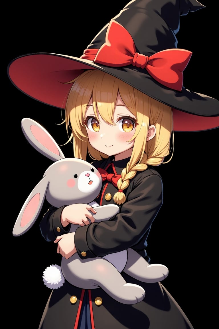 8k, detailed, anime art style, a young girl with blonde hair with braid and orange eyes. She is wearing a black witch hat with a large red bow on top. The hat is wide-brimmed and has a pointed brim. The girl is holding a big bunny toy in her arms. She has a red ribbon tied around her neck and a black coat with gold buttons. The background is black, making the girl and the bunny stand out.