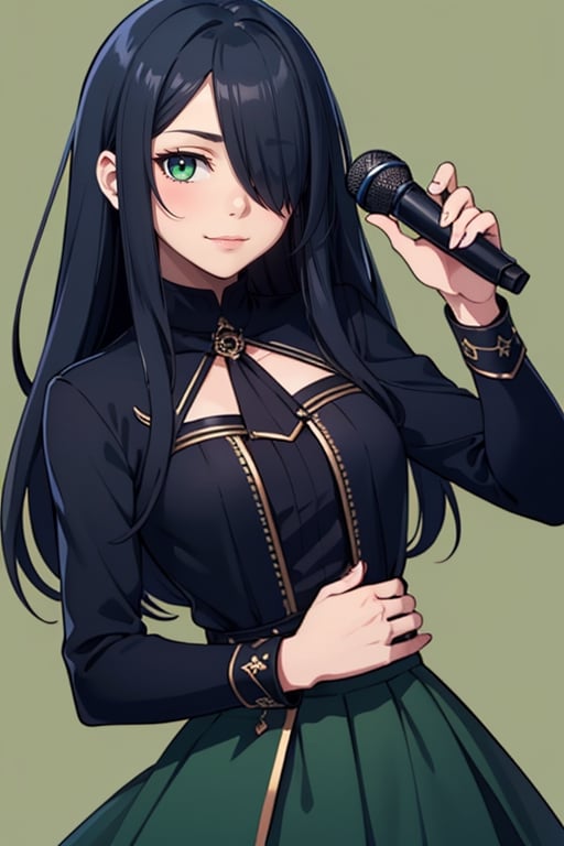 one cool idol girl, black idol costume, skirt,
Hair over one eye, Straight hair,dark blue long hair,
dark green eyes,
emotionless, left hand hold mic, right hand relax,
simple dark green background