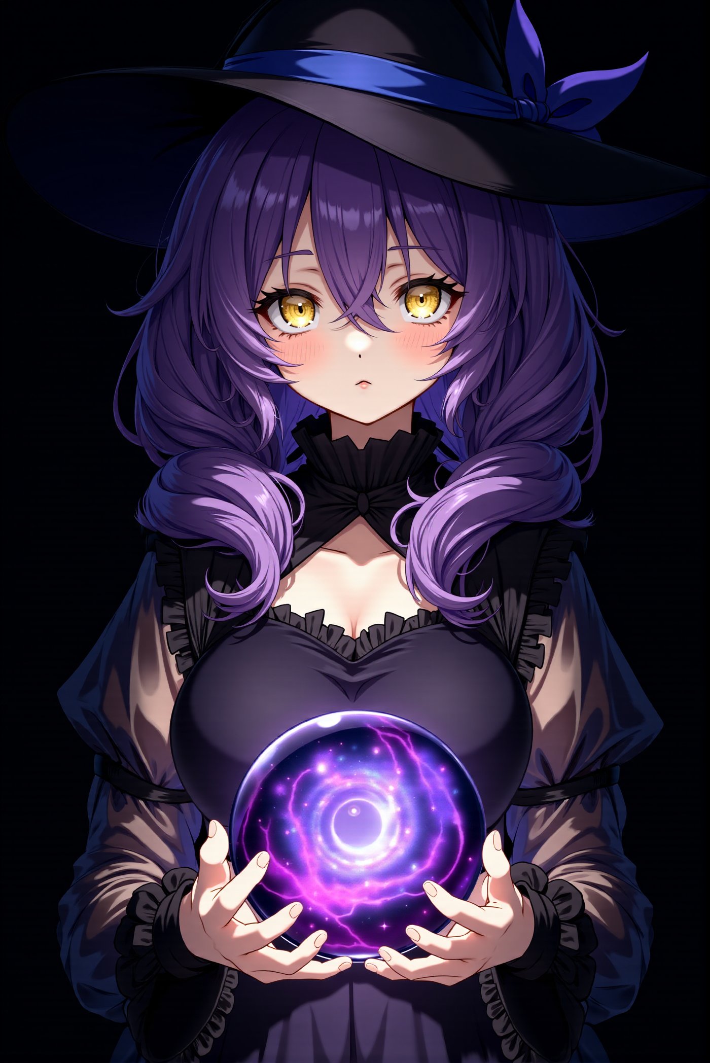 8k, detailed, anime art style, a young witch lady with yellow eye.
Her hair is purple and wavy with long twin low ponytail tied by deep blue ribbon.
She is wearing a black witch hat and a black dress with ruffles on the sleeves. 
The lady is holding a crystal ball in her hands. The crystal ball is round and has a purple and blue design on it.
She has a serious expression on her face and looking to camera.
The background is black, making the lady and the crystal ball stand out.
The overall mood of the image is dark and mysterious.