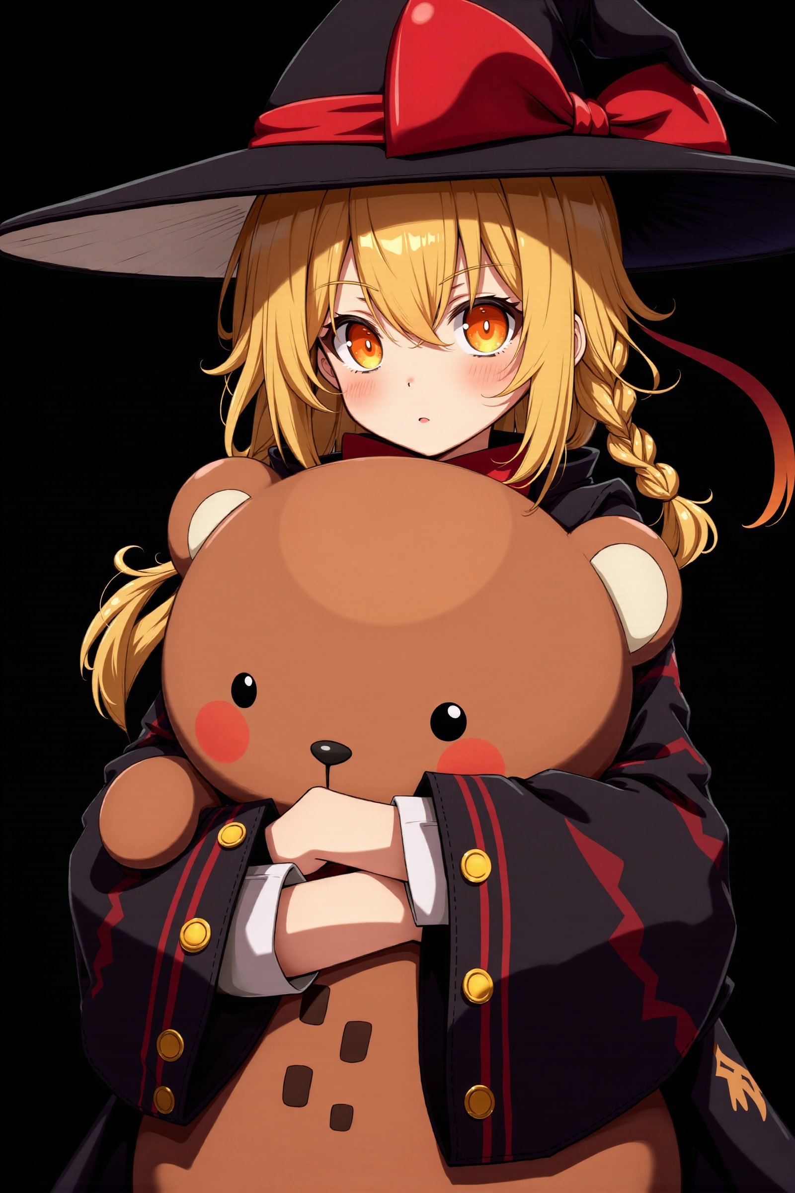 8k, detailed, anime art style, a little girl with blonde hair with braid and orange eyes. She is wearing a black witch hat with a large red bow on top. The hat is wide-brimmed and has a pointed brim. The girl is holding a big bear toy in her arms. She has a red ribbon tied around her neck and a black coat with gold buttons. The background is black, making the girl and the toy stand out.