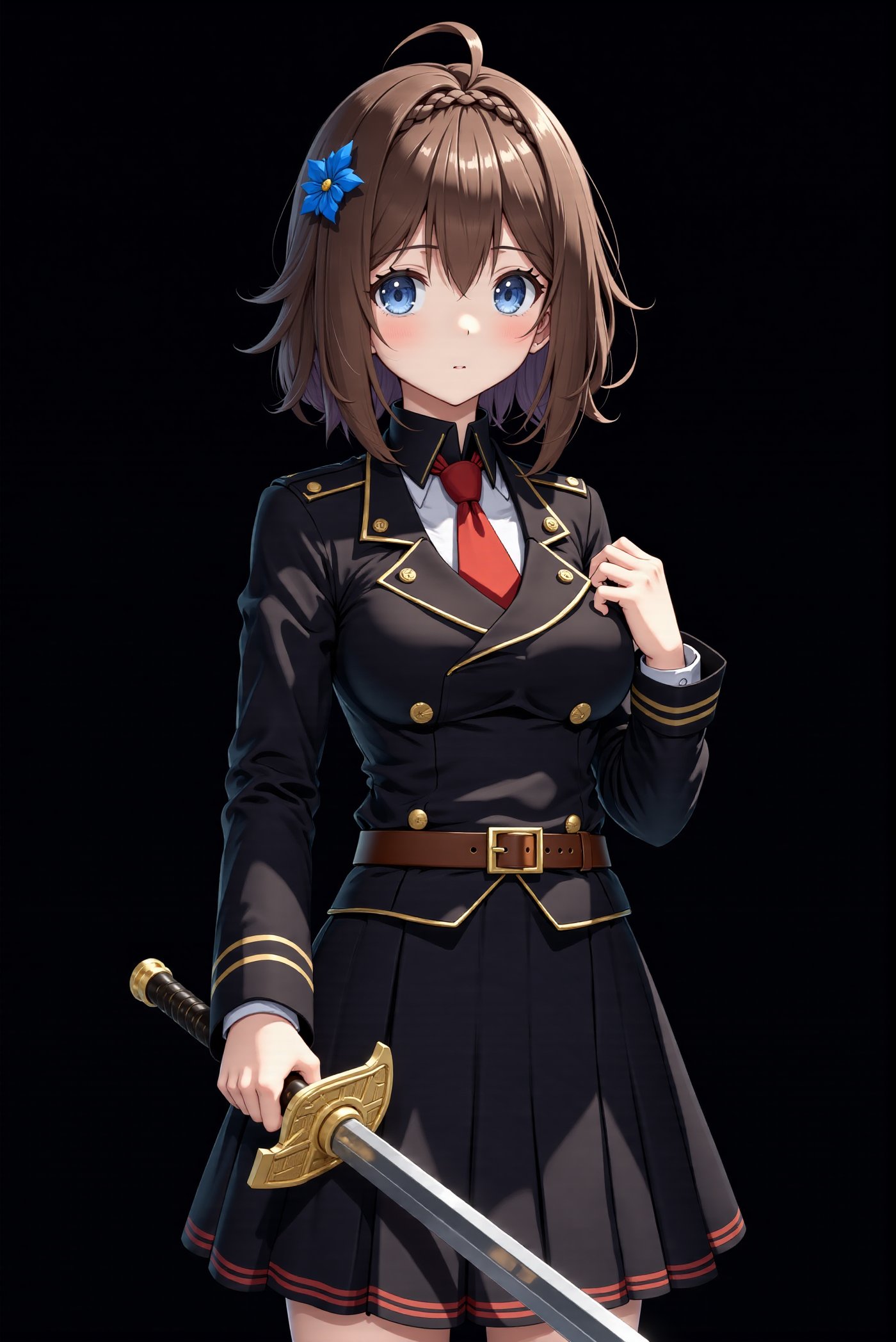 8k, detailed, anime art style, a young lady in a military uniform. She is holding a large sword in her right hand and is standing in front of a black background. The girl has shoulder-length brown hair with braided crown and blue eyes. She has a blue flower in her hair and is wearing a black jacket with a red tie, a black skirt, and a brown belt with a gold buckle. The sword has a long straight blade and a golden hilt. She appears to be ready for battle.