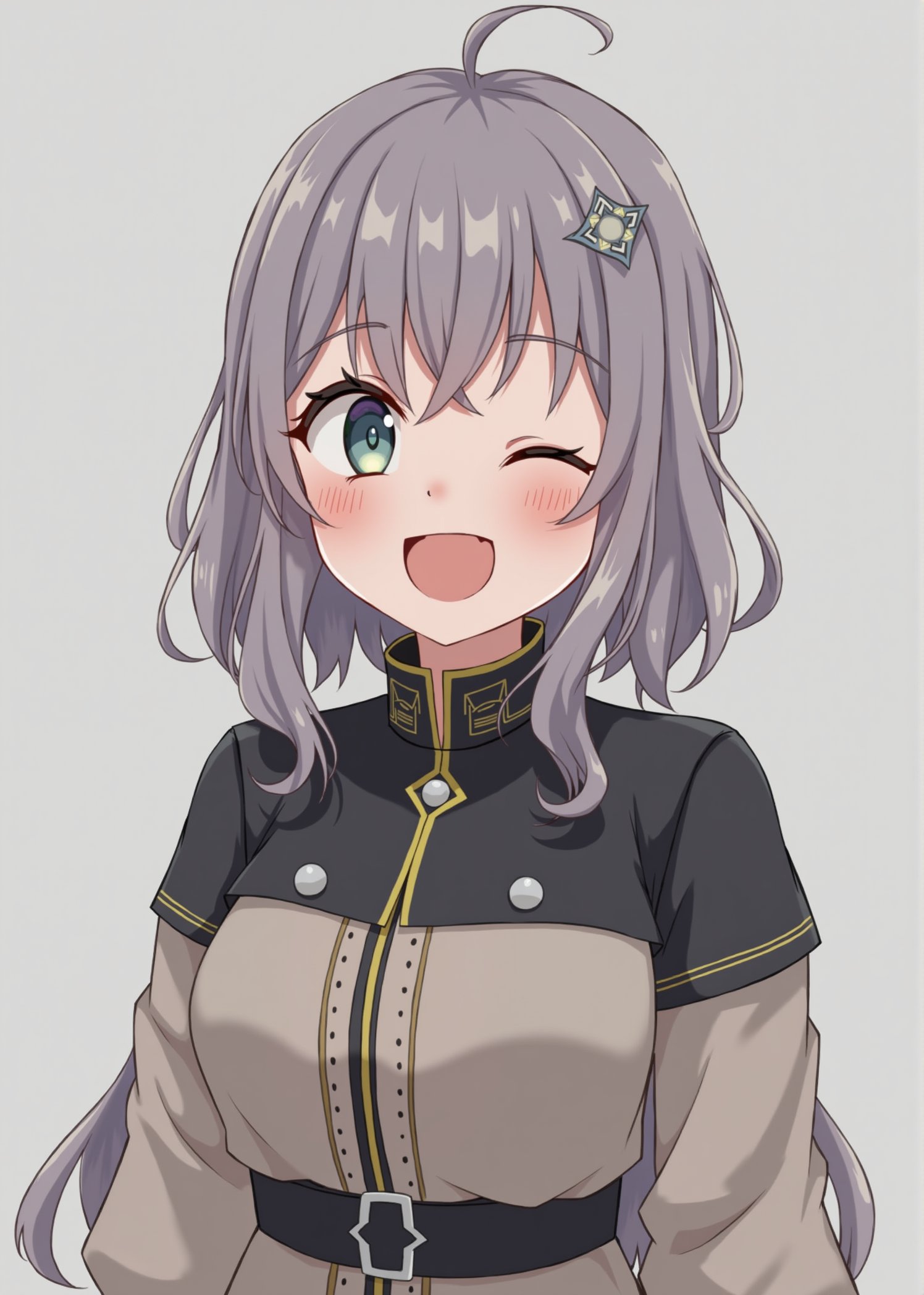 8k, anime art style, a woman officer in medieval and she is very happy. She is not wearing a hat. The background is grey.