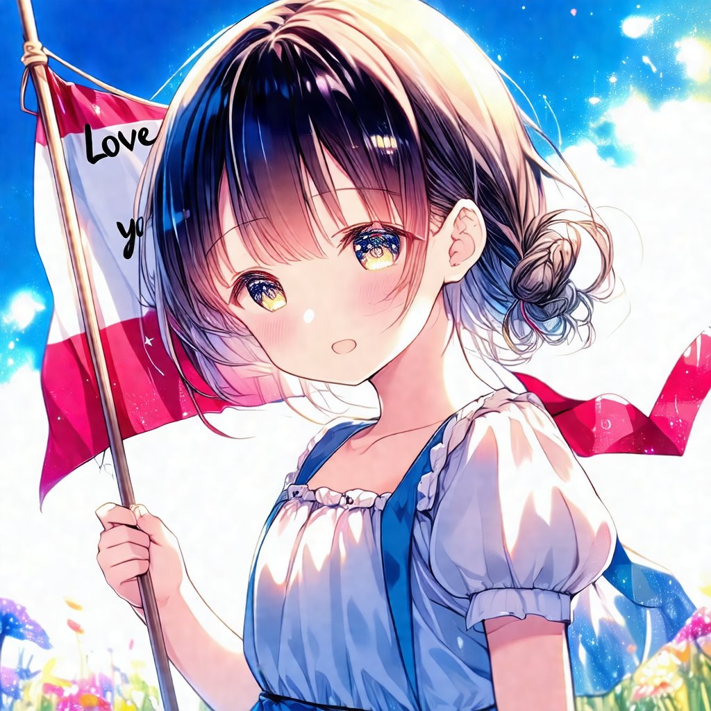 super detailed, anime art style, a cute anime girl holding a flag saying 'Love you'.