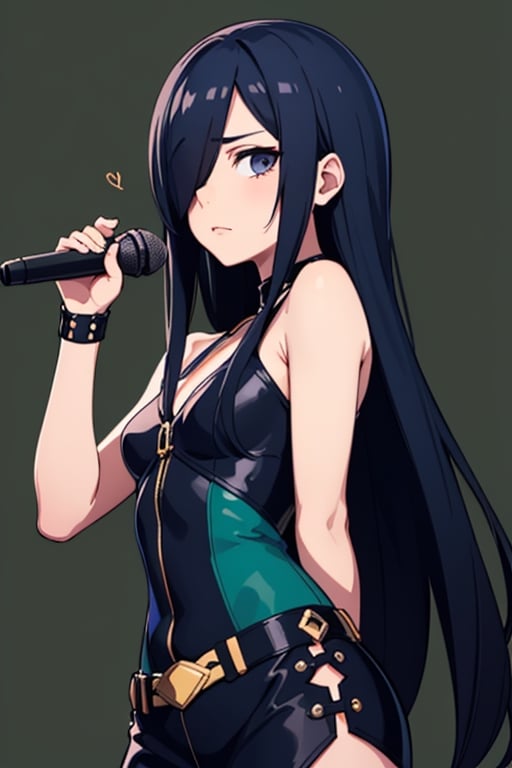 one cool idol girl, holding mic, black idol costume,
Hair over one eye, Straight hair,dark blue long hair,
emotionless,
simple dark green background,masterpiece