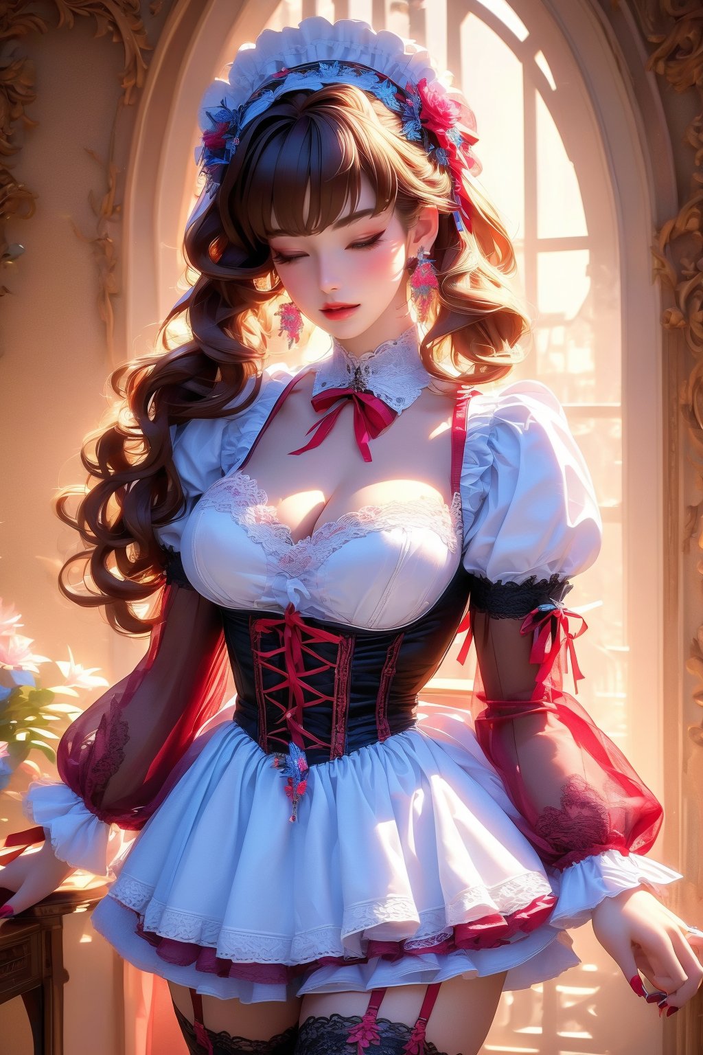 busty and sexy girl, 8k, masterpiece, ultra-realistic, best quality, high resolution, high definition, 1girl, solo, breasts, looking at viewer, short hair, bangs, large breasts, brown hair, thighhighs, long sleeves, dress, ribbon, cleavage, jewelry, medium breasts, cowboy shot, earrings, frills, parted lips, puffy sleeves, indoors, nail polish, white thighhighs, lips, grey eyes, maid, maid headdress, window, detached collar, garter straps, chair, red nails, 1girl, solo, long hair, hair ornament, dress, jewelry, closed eyes, flower, earrings, hair flower, bug, butterfly