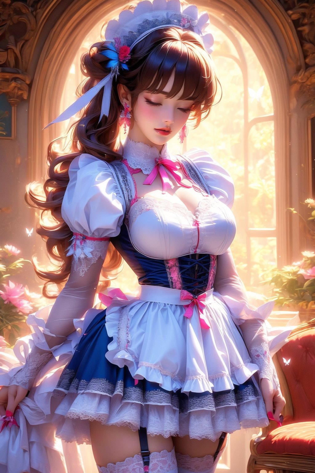 busty and sexy girl, 8k, masterpiece, ultra-realistic, best quality, high resolution, high definition, 1girl, solo, breasts, looking at viewer, short hair, bangs, large breasts, brown hair, thighhighs, long sleeves, dress, ribbon, cleavage, jewelry, medium breasts, cowboy shot, earrings, frills, parted lips, puffy sleeves, indoors, nail polish, white thighhighs, lips, grey eyes, maid, maid headdress, window, detached collar, garter straps, chair, red nails, 1girl, solo, long hair, hair ornament, dress, jewelry, closed eyes, flower, earrings, hair flower, bug, butterfly