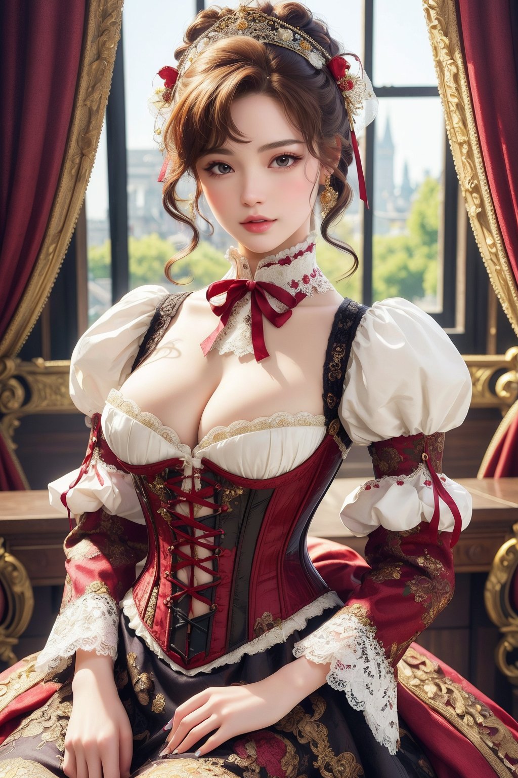 busty and sexy girl, 8k, masterpiece, ultra-realistic, best quality, high resolution, high definition, Lolita, maid, Victorian fashion, Rococo fashion, black corset with red ribbon lacing, White lace details on the sleeves, Puffed sleeves, headpiece adorned with flowers, ornate flower frame background, historical vibe, historical fashion with fantasy elements,lolita