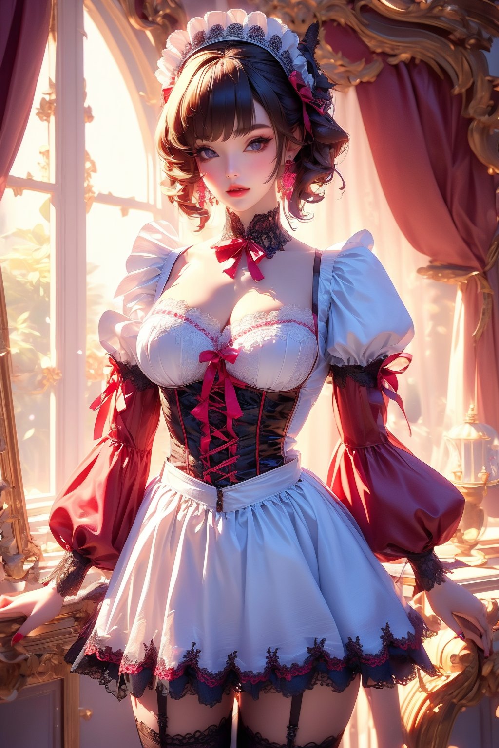 busty and sexy girl, 8k, masterpiece, ultra-realistic, best quality, high resolution, high definition, 1girl, solo, breasts, looking at viewer, short hair, bangs, large breasts, brown hair, thighhighs, long sleeves, dress, ribbon, cleavage, jewelry, medium breasts, cowboy shot, earrings, frills, parted lips, puffy sleeves, indoors, nail polish, white thighhighs, lips, grey eyes, maid, maid headdress, window, detached collar, garter straps, chair, red nails