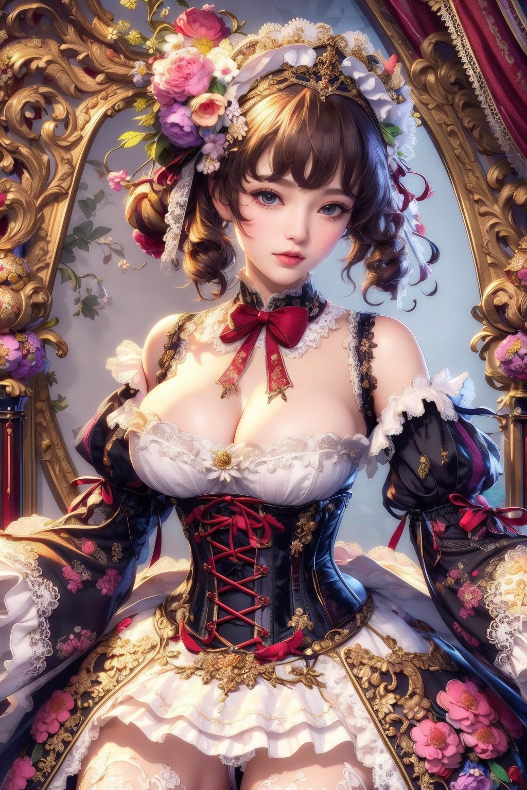 busty and sexy girl, 8k, masterpiece, ultra-realistic, best quality, high resolution, high definition, Lolita, maid, Victorian fashion, Rococo fashion, black corset with red ribbon lacing, White lace details on the sleeves, Puffed sleeves, headpiece adorned with flowers, ornate flower frame background, historical vibe, historical fashion with fantasy elements,lolita