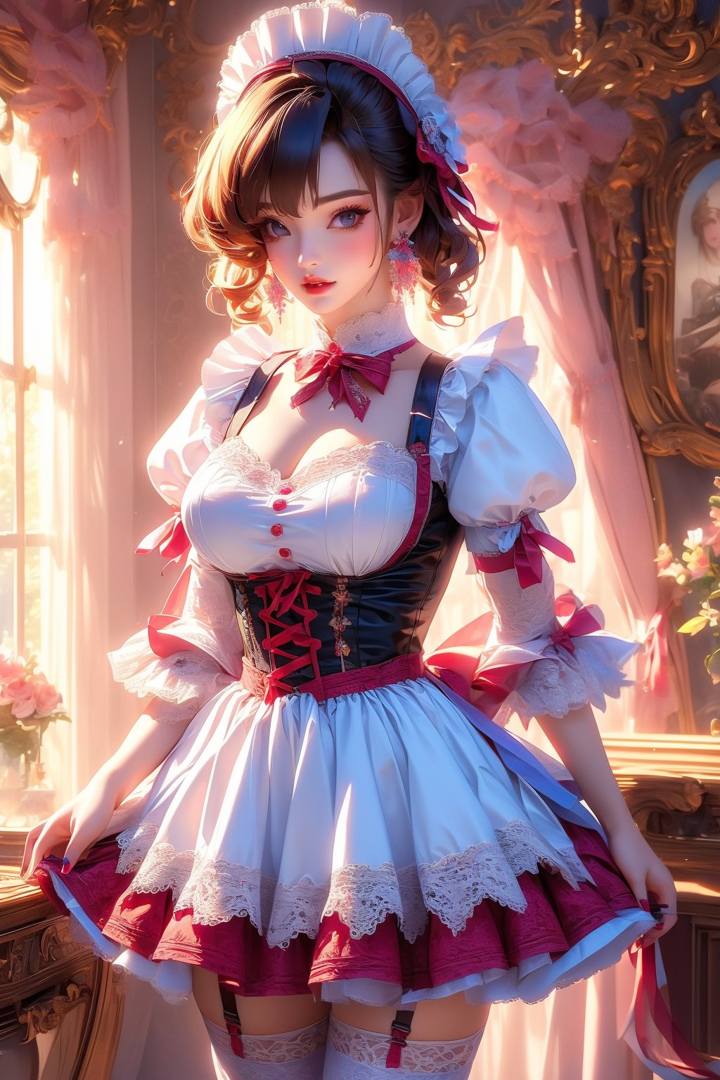 busty and sexy girl, 8k, masterpiece, ultra-realistic, best quality, high resolution, high definition, 1girl, solo, breasts, looking at viewer, short hair, bangs, large breasts, brown hair, thighhighs, long sleeves, dress, ribbon, cleavage, jewelry, medium breasts, cowboy shot, earrings, frills, parted lips, puffy sleeves, indoors, nail polish, white thighhighs, lips, grey eyes, maid, maid headdress, window, detached collar, garter straps, chair, red nails