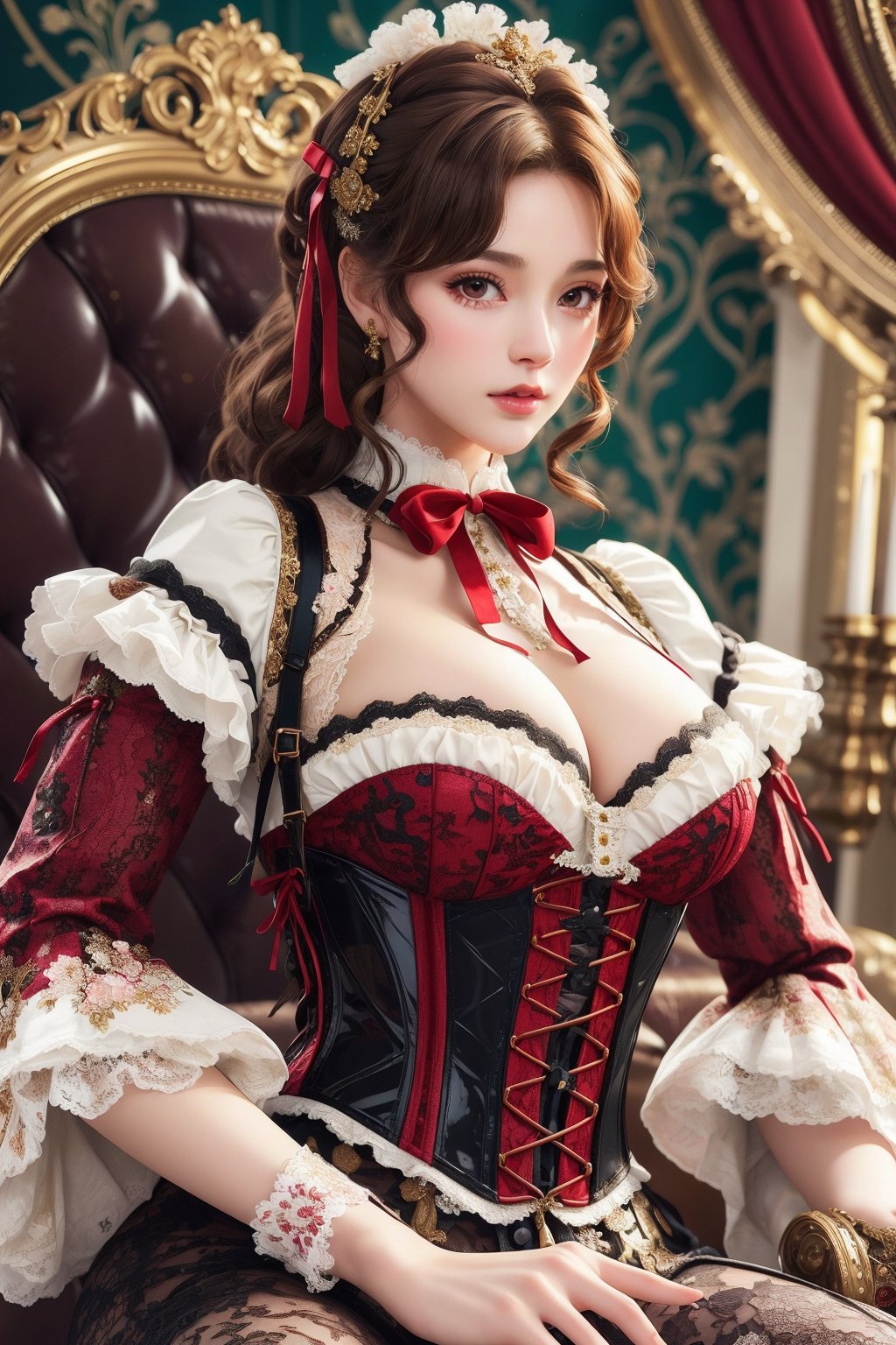 busty and sexy girl, 8k, masterpiece, ultra-realistic, best quality, high resolution, high definition, Lolita, maid, Victorian fashion, Rococo fashion, black corset with red ribbon lacing, White lace details on the sleeves, Puffed sleeves, headpiece adorned with flowers, ornate flower frame background, historical vibe, historical fashion with fantasy elements,lolita