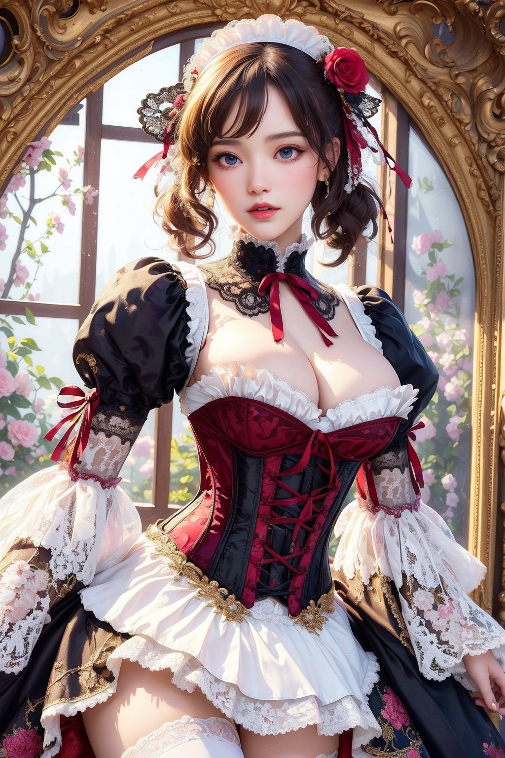 busty and sexy girl, 8k, masterpiece, ultra-realistic, best quality, high resolution, high definition, Lolita, maid, Victorian fashion, Rococo fashion, black corset with red ribbon lacing, White lace details on the sleeves, Puffed sleeves, headpiece adorned with flowers, ornate flower frame background, historical vibe, historical fashion with fantasy elements,lolita