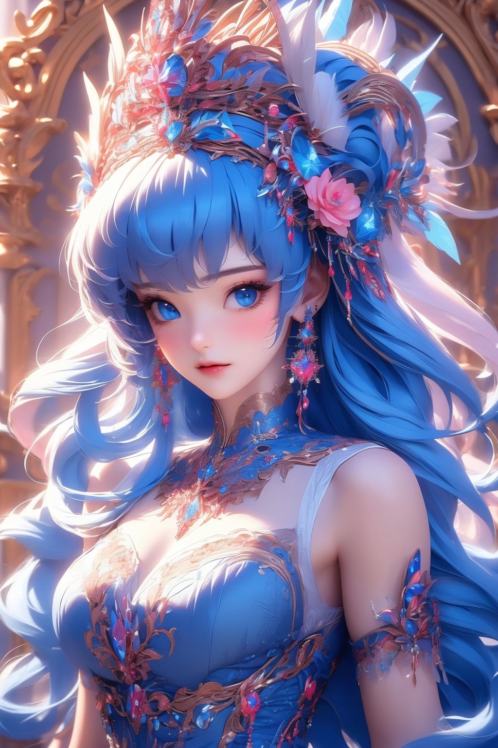 busty and sexy girl, 8k, masterpiece, ultra-realistic, best quality, high resolution, high definition, 1girl, solo, long hair, breasts, looking at viewer, blush, bangs, blue eyes, hair ornament, dress, jewelry, closed mouth, blue hair, upper body, flower, earrings, gem, headdress